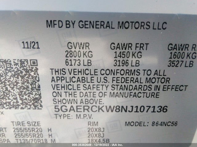 2022 Buick Enclave, VIN: 5GAERCKW8NJ107136