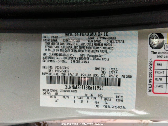 Lincoln MKZ 2008 3LNHM28T18R611955 Image 10