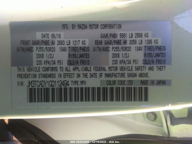 2016 Mazda CX-9, VIN: JM3TCADY1G0112494