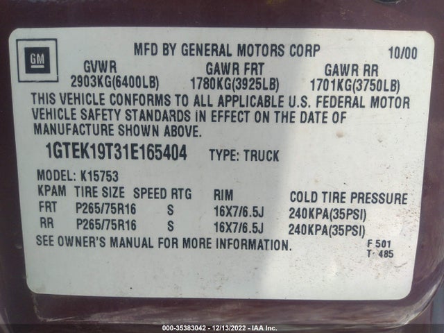 GMC Sierra 1500 Sle 2001 1GTEK19T31E165404 Image 11