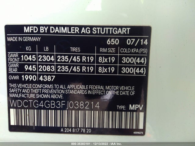 2015 Mercedes-Benz GLA-Class, VIN: WDCTG4GB3FJ038214