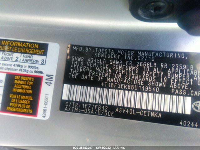 2011 TOYOTA CAMRY VIN: 4T1BF3EK8BU119540