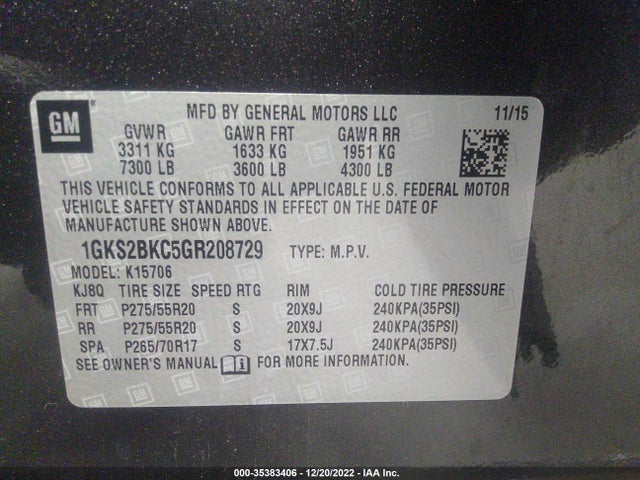2016 GMC Yukon, VIN: 1GKS2BKC5GR208729
