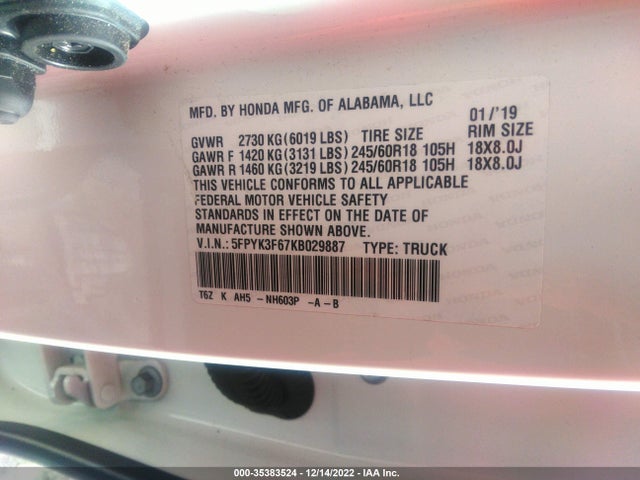 2019 Honda Ridgeline, VIN: 5FPYK3F67KB029887