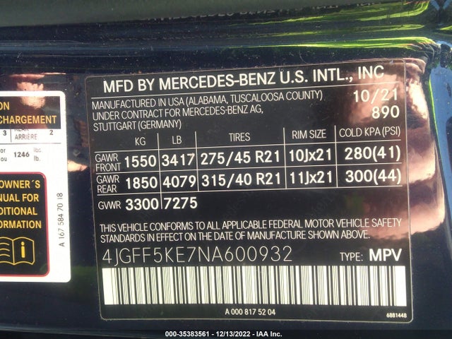 2022 Mercedes-Benz GLS-Class, VIN: 4JGFF5KE7NA600932