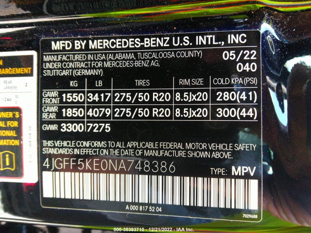 2022 Mercedes-Benz GLS-Class, VIN: 4JGFF5KE0NA748386