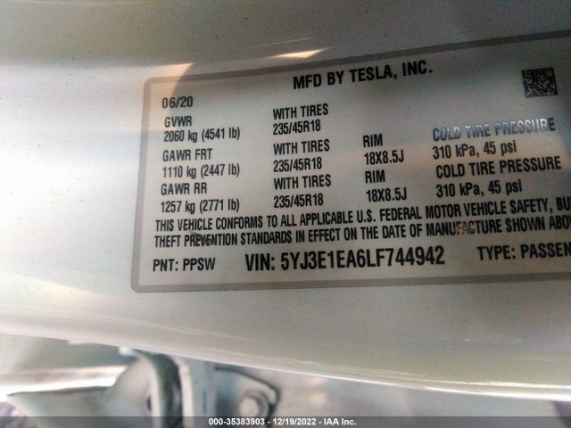 Tesla Model 3 Standard Range 2020 5YJ3E1EA6LF744942 Image 10