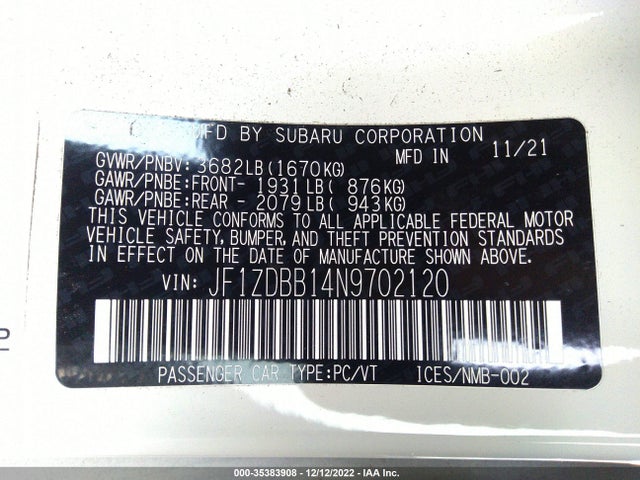 2022 Subaru BRZ, VIN: JF1ZDBB14N9702120