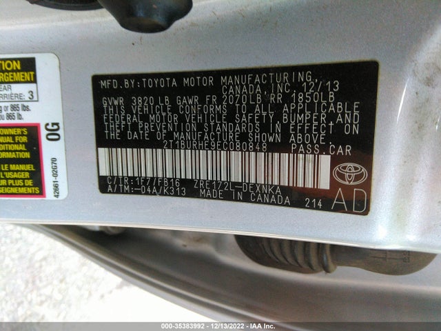2014 TOYOTA COROLLA L/LE/S/S PLUS/LE PLUS VIN: 2T1BURHE9EC080848