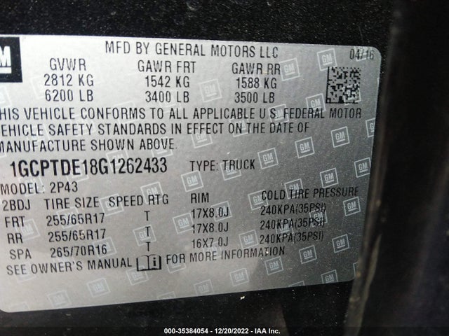 2016 Chevrolet Colorado, VIN: 1GCPTDE18G1262433
