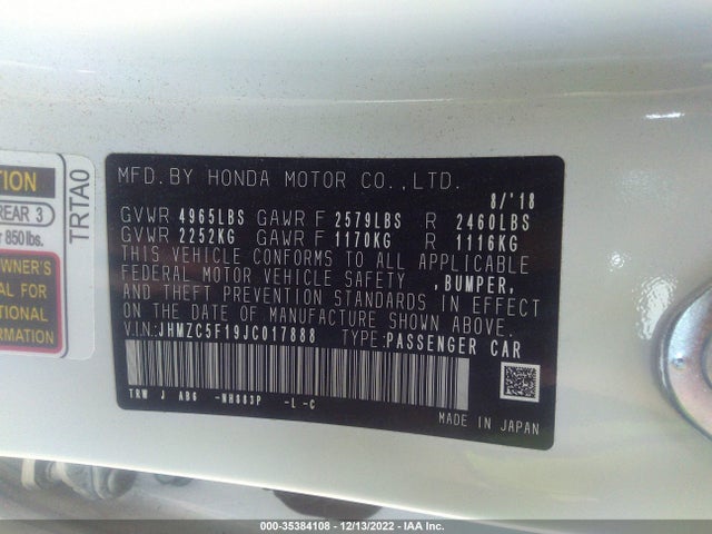2018 HONDA CLARITY PLUG-IN HYBRID VIN: JHMZC5F19JC017888
