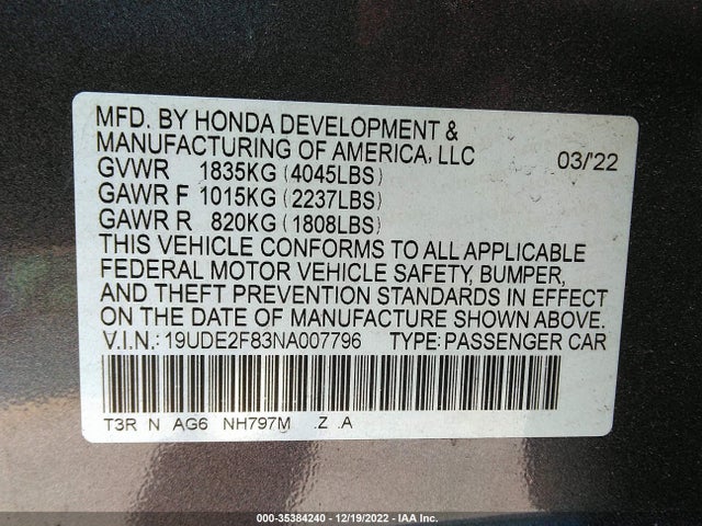 2022 Acura ILX, VIN: 19UDE2F83NA007796