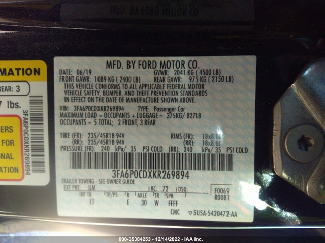 2019 Ford Fusion, VIN: 3FA6P0CDXKR269894