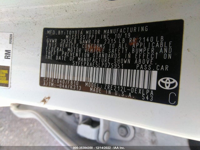 2020 TOYOTA COROLLA LE VIN: 5YFEPRAE5LP075951