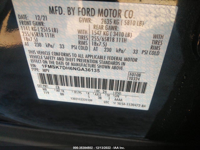 2022 Ford Explorer, VIN: 1FMSK7DH6NGA36135