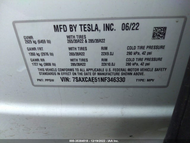2022 Tesla Model X, VIN: 7SAXCAE51NF346330
