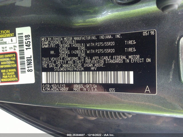 2016 Toyota Sequoia, VIN: 5TDJW5G14GS142034