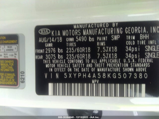 2019 Kia Sorento, VIN: 5XYPH4A58KG507380