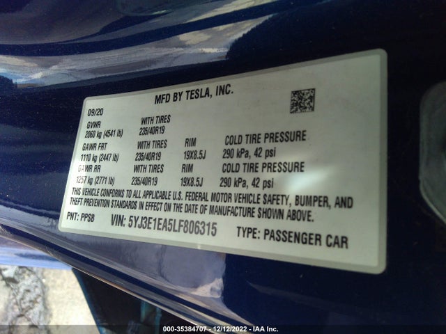 Tesla Model 3 Standard Range 2020 5YJ3E1EA5LF806315 Image 10