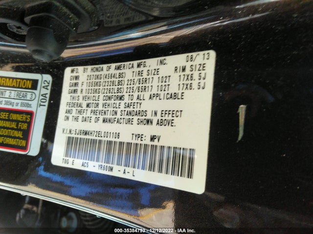Honda Cr-v Ex-l 2014 5J6RM4H72EL001106 Image 9