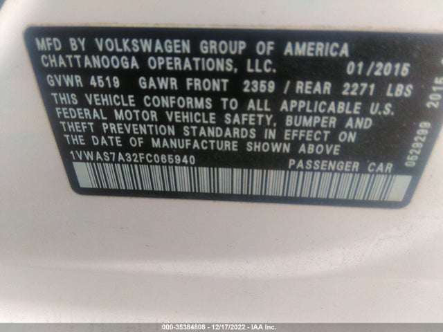 2015 VOLKSWAGEN PASSAT 1.8T WOLFSBURG ED VIN: 1VWAS7A32FC065940