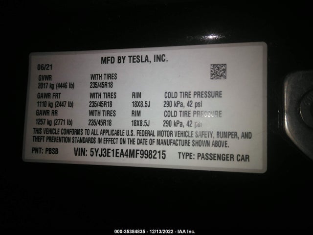 Tesla Model 3 Standard Range Plus 2021 5YJ3E1EA4MF998215 Image 9