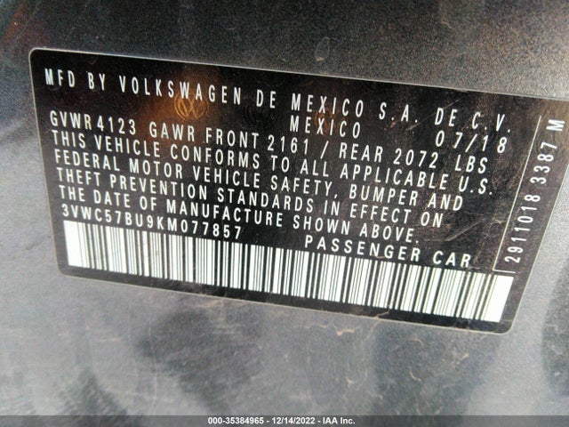 3VWC57BU9KM077857 Volkswagen Jetta S/se/r-line
