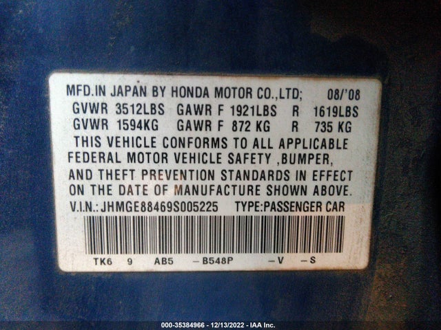 2009 HONDA FIT SPORT VIN: JHMGE88469S005225