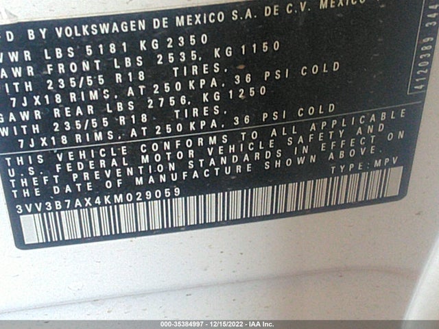 2019 VOLKSWAGEN TIGUAN SE/SEL/SEL R-LINE VIN: 3VV3B7AX4KM029059