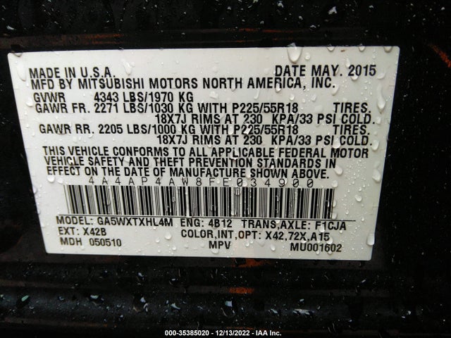 4A4AP4AW8FE034900 Mitsubishi Outlander Sport 2.4 Gt