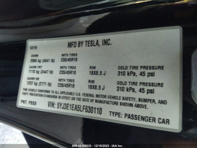 Tesla Model 3 Standard Range 2020 5YJ3E1EA5LF630110 Image 9