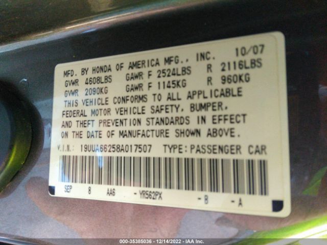 2008 ACURA TL VIN: 19UUA66258A017507