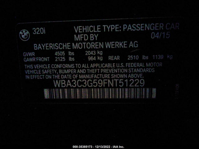 BMW 3 Series 320i Xdrive 2015 WBA3C3G59FNT51229 Image 9