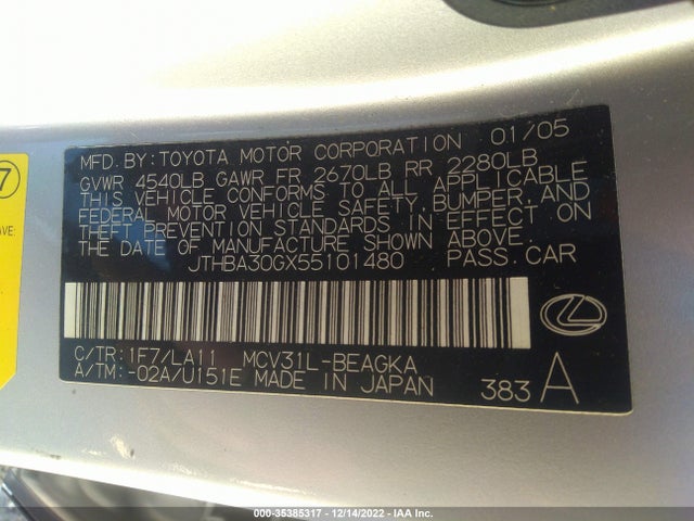 2005 LEXUS ES 330 VIN: JTHBA30GX55101480