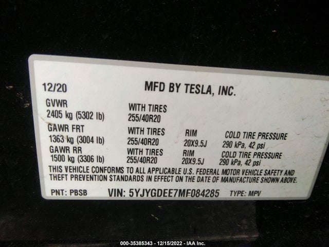 Tesla Model Y Long Range 2021 5YJYGDEE7MF084285 Image 12