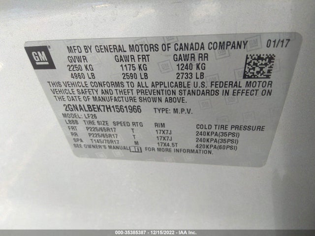 2017 Chevrolet Equinox, VIN: 2GNALBEK7H1561966