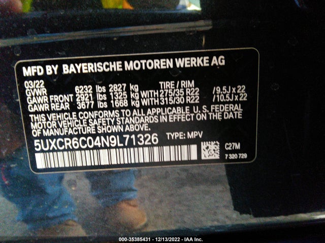 2022 BMW X5, VIN: 5UXCR6C04N9L71326