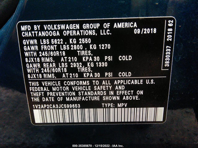 Volkswagen Atlas 2018 1V2AP2CA3JC599653 Image 10