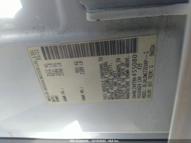 2011 NISSAN ALTIMA 3.5 SR VIN: 1N4BL2AP2BN455080