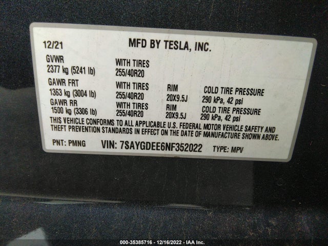 Tesla Model Y 2022 7SAYGDEE6NF352022 Image 9