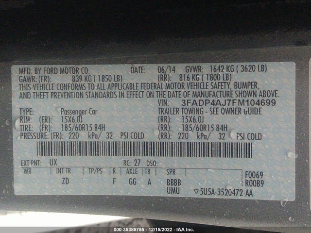 2015 FORD FIESTA S VIN: 3FADP4AJ7FM104699