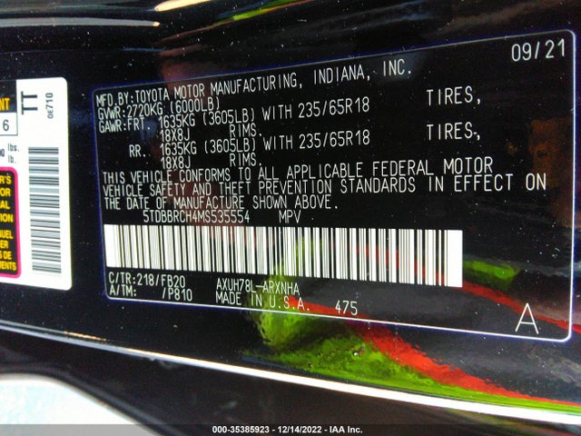 2021 Toyota Highlander, VIN: 5TDBBRCH4MS535554
