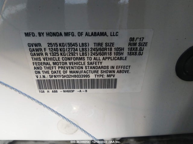2017 HONDA PILOT EX VIN: 5FNYF5H32HB033995