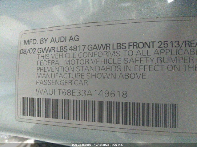 Audi A4 3.0l 2003 WAULT68E33A149618 Image 10