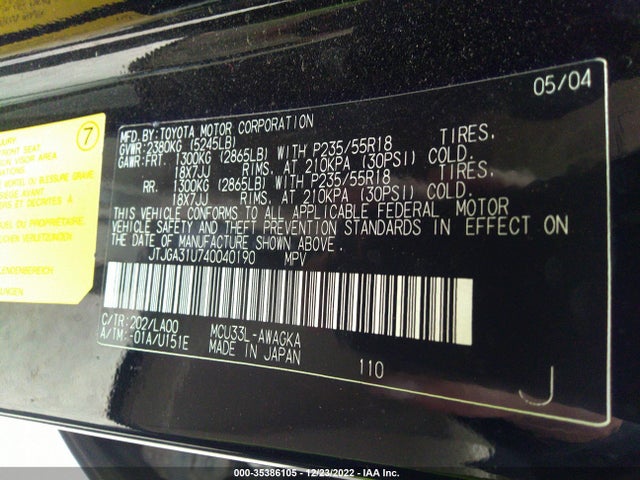 2004 LEXUS RX 330 VIN: JTJGA31U740040190