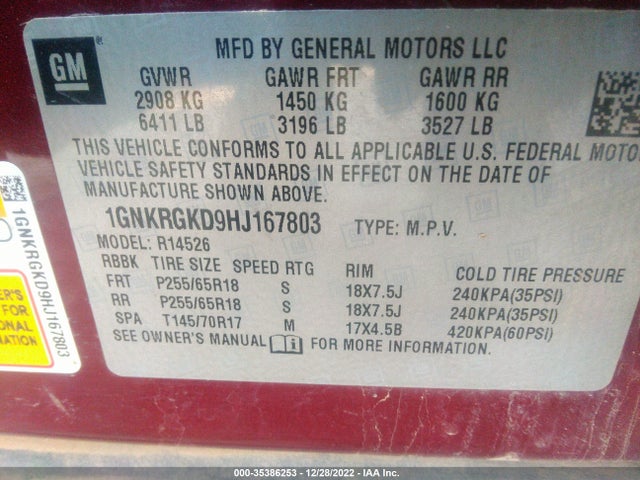 Chevrolet Traverse 2017 1GNKRGKD9HJ167803 Image 9