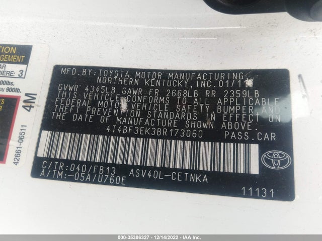 2011 TOYOTA CAMRY VIN: 4T4BF3EK3BR173060