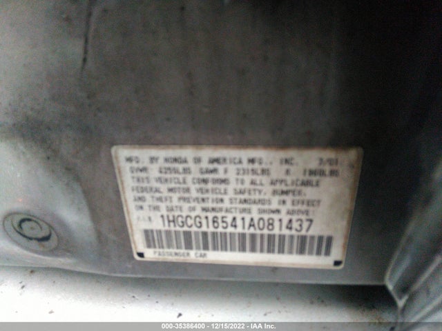 2001 HONDA ACCORD SDN EX W/LEATHER VIN: 1HGCG16541A081437