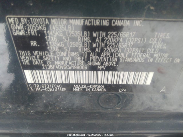 2012 TOYOTA RAV4 VIN: 2T3BF4DV6CW198006