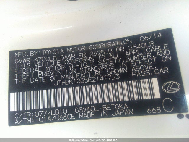 JTHBK1GG5E2142723 Lexus ES 350